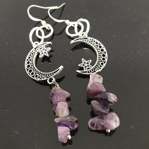 Moon Star Earrings Silver Genuine Amethyst Drop Dangle